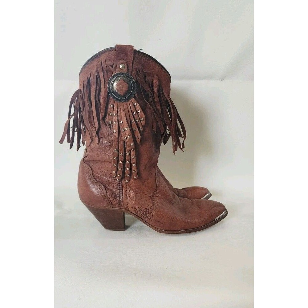 Vintage Brown Concho Fringed Western Boots  Boho Cowgirl Tassel Festival  90s 7